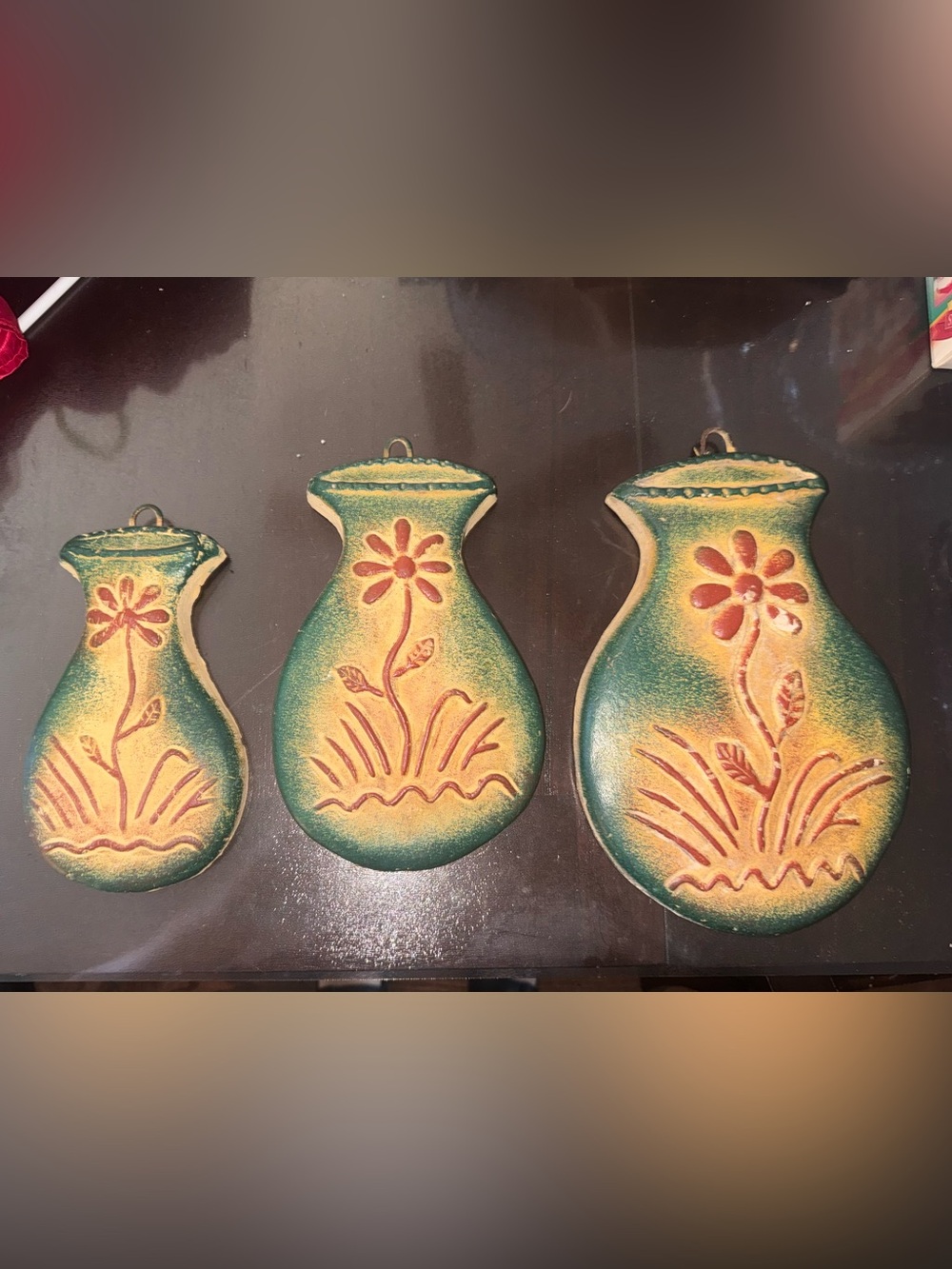 Vintage Set of 3 Mexican Pottery Wall Hangings Green Floral Vase Shape